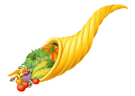 Illustration of thanksgiving or harvest festival cornucopia horn full of produce