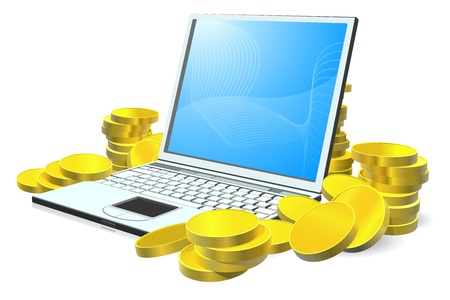 Laptop computer with stacks of gold coins around itのイラスト素材