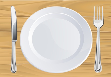 Empty plate and knife and fork cutlery place setting on rustic wooden tableのイラスト素材