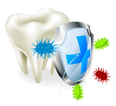 A tooth being protected from decay or bacteria by a shield のイラスト素材