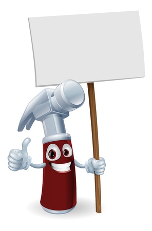 Illustration of a cartoon hammer man holding up a signのイラスト素材