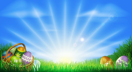 Easter background with decorated Easter eggs and Easter eggs in basket in a sunny fieldのイラスト素材