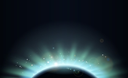 Background of aurora light of the sun rising over a planet in darkness with starsのイラスト素材