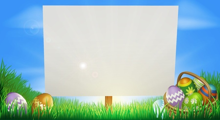 Easter background sign in middle of field with Easter eggs and basketのイラスト素材