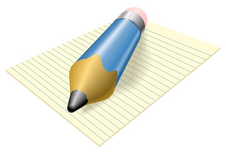 Illustration of a blue pencil with eraser on a pad of lined paperのイラスト素材