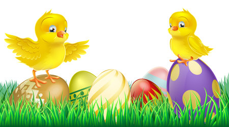Two cute happy little yellow Easter chicks on top of colorful decorated Easter eggsのイラスト素材