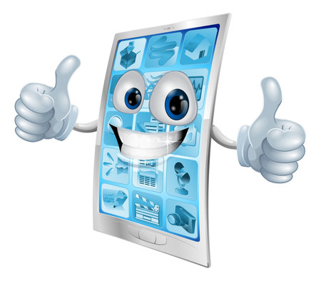 Illustration of a mobile phone mascot character doing a double thumbs up gestureのイラスト素材