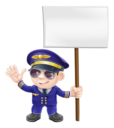 Illustration of a cute airplane pilot character waving and holding message signのイラスト素材