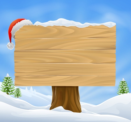 Illustration of wooden Christmas sign with snow and Santa hat hanging from it against a winter landscape.のイラスト素材