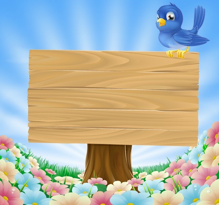 Cartoon blue bird sitting on a wooden sign board in a flower meadowのイラスト素材