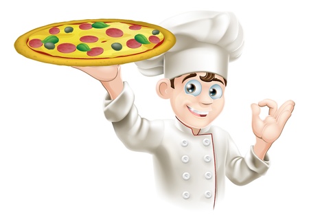 Pizza chef doing an okay sign and holding up a tasty looking pizzaのイラスト素材