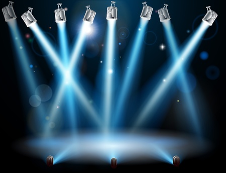 A blue spotlight background concept with lots of lights like spotlights in a light show or during a dramatic theatre stage performanceのイラスト素材