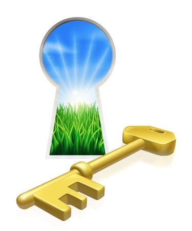 Conceptual illustration of key and keyhole looking out onto beautiful green field. Concept for freedom, opportunity or other business metaphorのイラスト素材