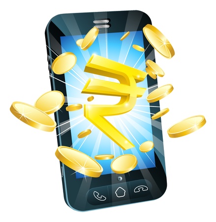 Rupee money phone concept illustration of mobile cell phone with gold Rupee sign and coinsのイラスト素材