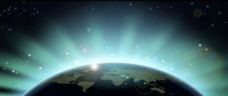 World globe map eclipsing the sun directly behind it.のイラスト素材