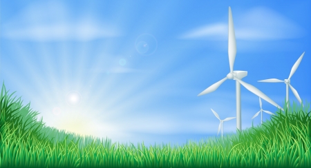 Illustration of wind turbines in green landscape for sustainable renewable energy power generation のイラスト素材