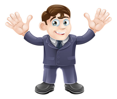 Illustration of a cute businessman in a suit waving with both hands and smilingのイラスト素材
