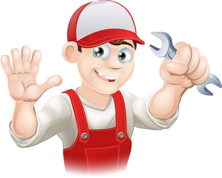 Illustration of a happy plumber or mechanic in his work clothes with wrenchのイラスト素材
