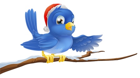 A Christmas bluebird in a Santa hat pointing with its wingのイラスト素材