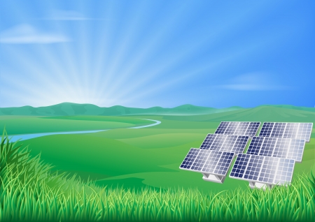 Illustration of solar panels in green landscape for sustainable renewable energy power generation のイラスト素材