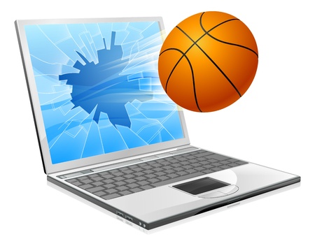 Illustration of a basketball ball flying out of a broken laptop computer screenのイラスト素材