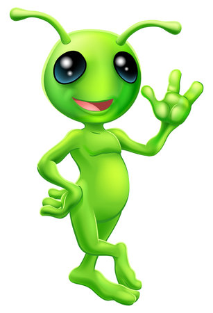 Illustration of a cute cartoon little green man alien mascot with antennae smiling and wavingのイラスト素材