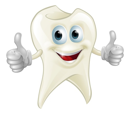 Illustration of a smiling tooth mascot character doing a double thumbs upのイラスト素材