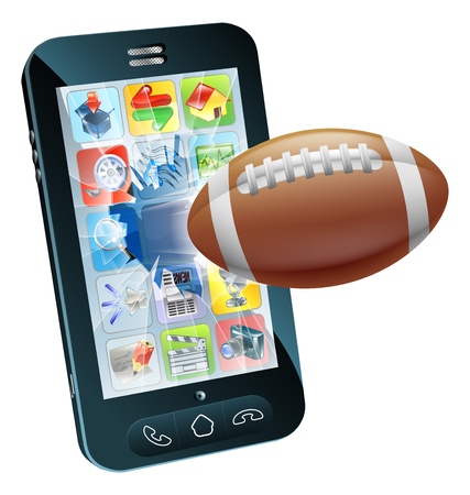 Illustration of an American football ball flying out of cell phone screenのイラスト素材