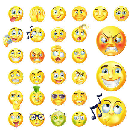 A set of very original emoticon or emoji icons representing lots of reactions, personalities and emotionsのイラスト素材