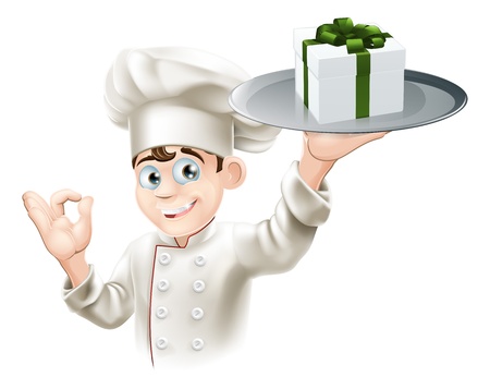 A chef with a gift on a platter. Could be concept for dining rewards or vouchers or gift card or otherのイラスト素材