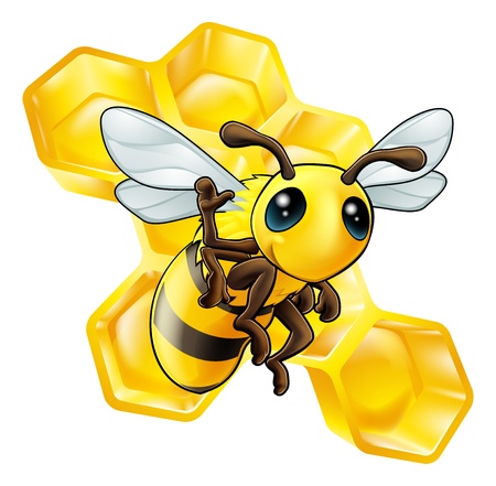 A cute cartoon waving bee with some honeycomb in the backgroundのイラスト素材