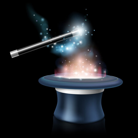 Magic tick hat and wand with magical blue light and stars around it being waved over a glowing magic top hatのイラスト素材