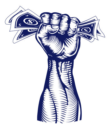 A revolutionary fist holding up a hand full of dollar bills money のイラスト素材