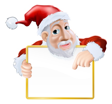 An illustration of a happy cartoon Santa holding a sign and pointing at the message のイラスト素材