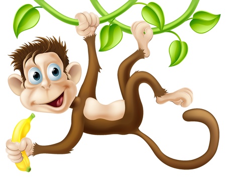 A cute monkey swinging from vines with a banana in his handのイラスト素材