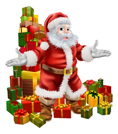 An Illustration of Santa Claus with a big stack of Christmas Gifts behind himのイラスト素材