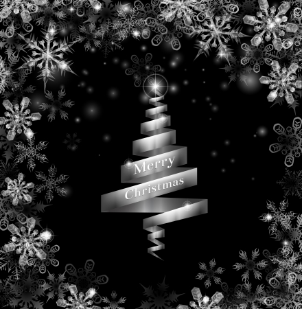 Abstract silver ribbon Christmas tree illustration with beautiful snowflakes in a border round the frameのイラスト素材