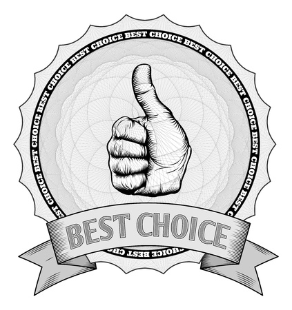 Detailed thumbs up best choice award winner badge with Guilloche patterns. In vector file image is arranged in handy layers.のイラスト素材