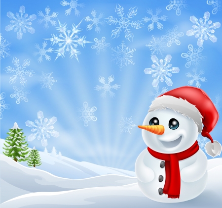 A happy Christmas Snowman in snowy scene with snow flakesのイラスト素材