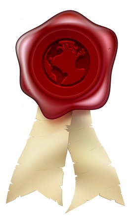 A red wax seal with world globe design and scroll ribbonsのイラスト素材