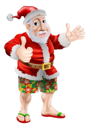 Summer Santa in beach wear, long board shorts or Bermuda shorts and flip-flop sandals doing a thumbs up.のイラスト素材