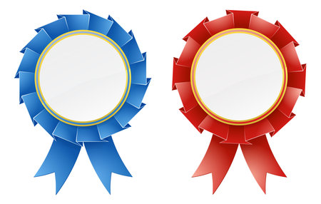 Red and blue rosette medal award design elements with ribbons and blank copyspace in the centerのイラスト素材