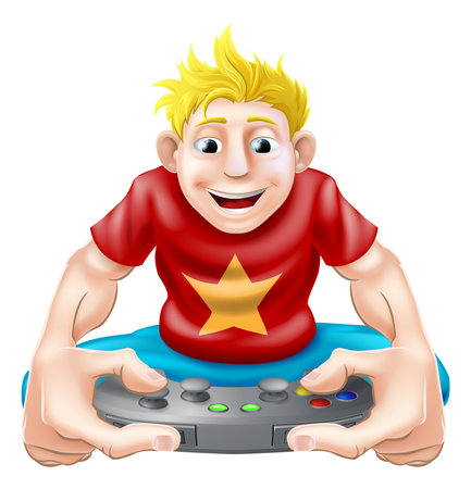 A cartoon drawing of a young gamer playing on his games consoleのイラスト素材