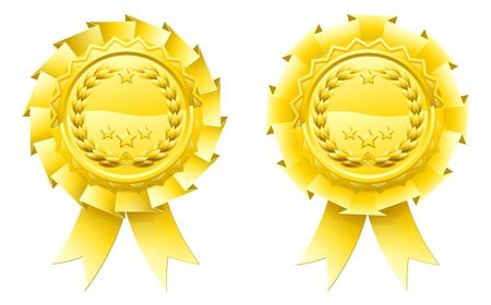 Golden winners laurel rosettes with laurel wreath and stars in the centre and ribbon hanging downのイラスト素材
