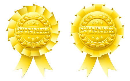 Gold winner rosettes with the word winner in the centre and winners laurel wreath and stars