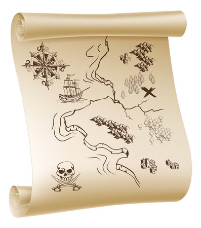 An illustration of a pirate treasure map drawn on a paper scrollのイラスト素材