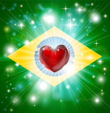Flag of Brazil patriotic background with pyrotechnic or light burst and love heart in the centreのイラスト素材