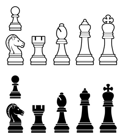An illustration of a complete set of chess pieces in black and whiteのイラスト素材