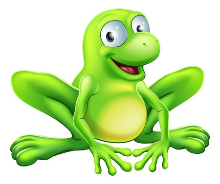 A drawing of a green cute frog mascot character sitting and smilingのイラスト素材