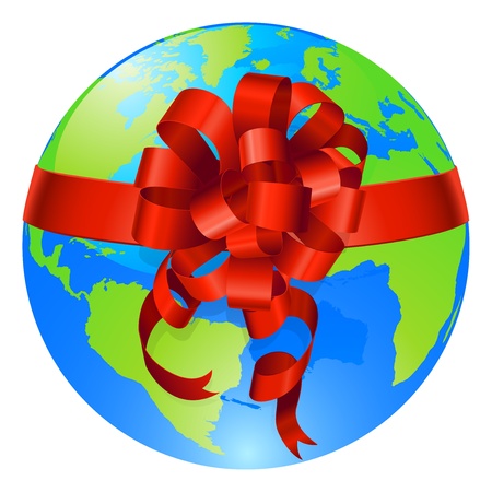 Illustration of a world globe with gift bow round it. Concept for opportunity or being given the world, or for the world being a precious gift.のイラスト素材